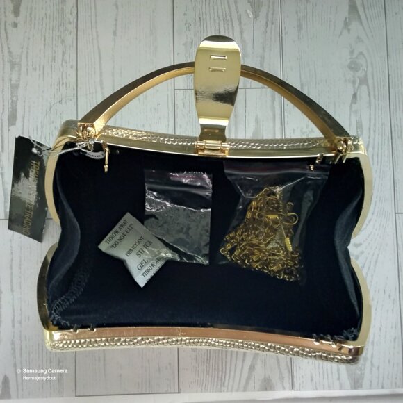 3-Way Gold Clutch Evening Bag Solid Handle Crystal Latch Removable Chain Strap - Picture 7 of 8